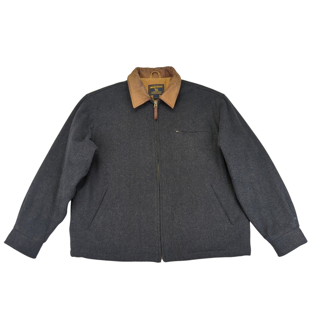 Woolrich Mens Charcoal Heather Wool Blend Jacket Leather Collar Large‎ 16286
